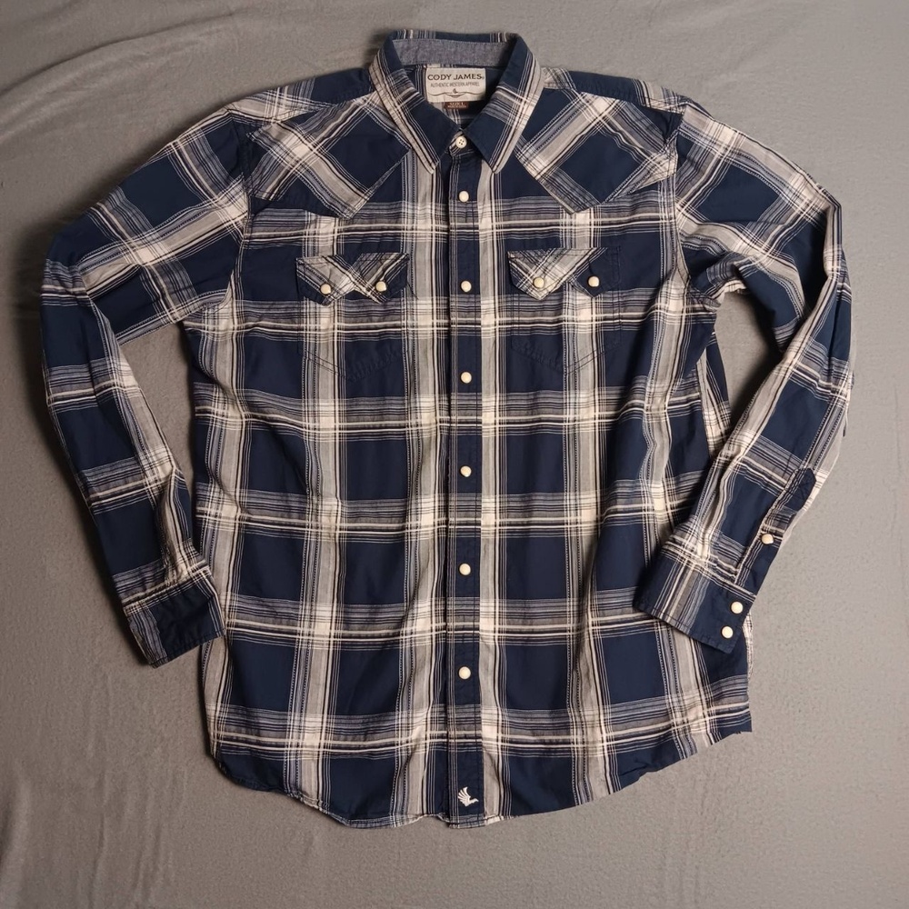 CODY JAMES Mens Large Western Shirt Blue Plaid Pearl Snap Rugged Cowboy